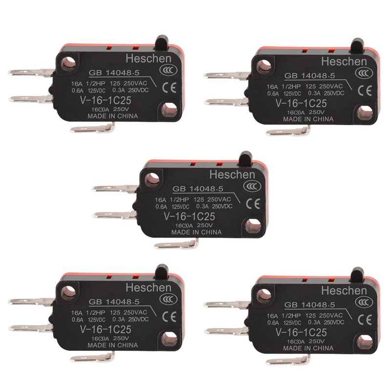 Heschen مفتاح ميكرو، V-16-1C25، SPDT، نوع زر الدبوس، 16A 250VAC، 5 قطع - Image 1